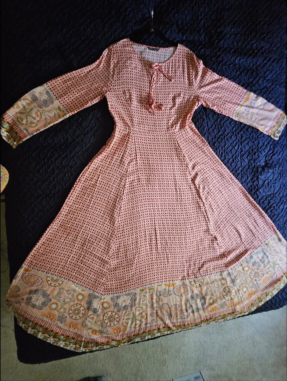 Long Pink Patterned Maxi Dress with Tie Neck